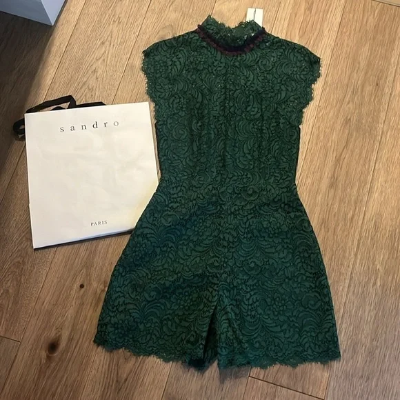 SANDROemerald green Raquel lace mock neck cap sleeve romper, size 1 or small